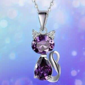 Cat Pendant Necklace with Purple Gemstones Alloy with Rhinestone Accents